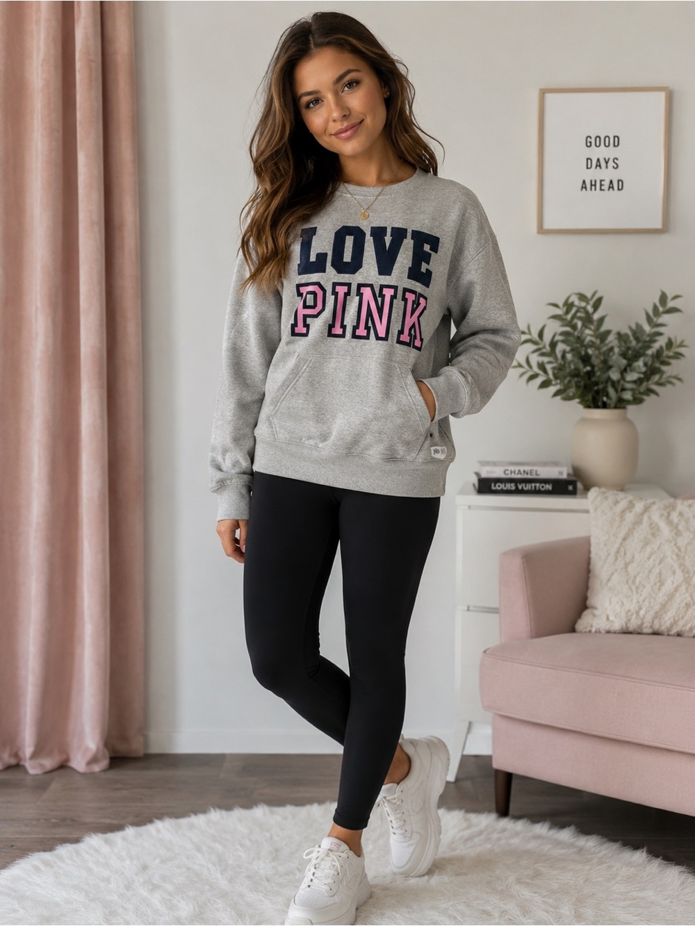 PINK Victoria’s Secret Gray LOVE PINK Fleece Lined Pullover Sweatshirt Small